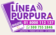 <b>Línea Púrpura Distrital 01 8000 112 137 - Whatsapp Púrpura 300 755 1846 </b> (Secretaría Distrital de la Mujer)
- Ofrece acompañamiento psicosocial.
- Orienta acerca de los derechos de las mujeres víctimas de violencias.
- Informa acerca de los servicios disponibles para atención y protección integral.